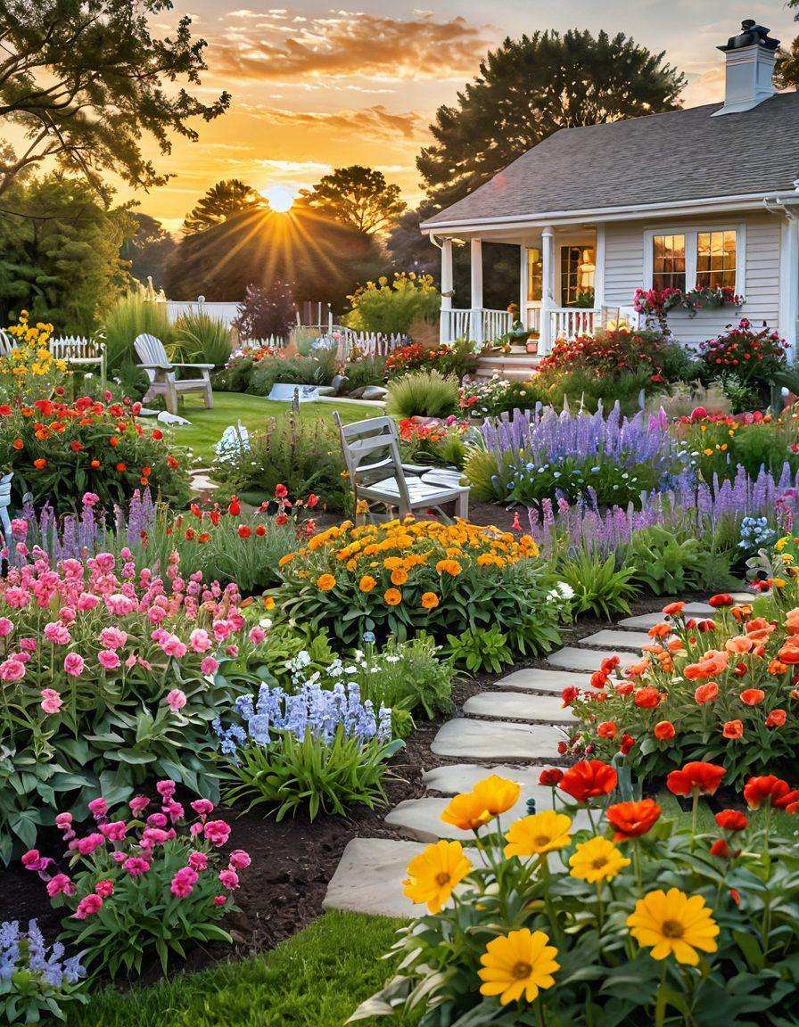 A serene landscape featuring a blooming garden symbolizing hope and resilience, with vibrant flowers and a soft sunrise in the background. Include a diverse group of individuals engaging in supportive activities, representing empowerment and community. Add elements like books on cancer treatment and wellness to emphasize education. super-realistic. vibrant colors. soothing atmosphere.