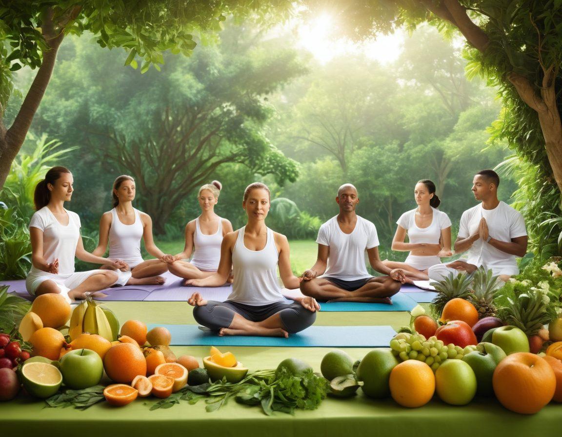 A serene scene depicting a diverse group of people engaged in various wellness activities, including yoga, meditation, and healthy cooking, set against a lush, green background. Include elements symbolizing healthcare, such as a stethoscope and fruits, integrated into the environment. The atmosphere should be uplifting, conveying a sense of balance and harmony. focus on bright, calming colors and soft lighting. super-realistic. vibrant colors.